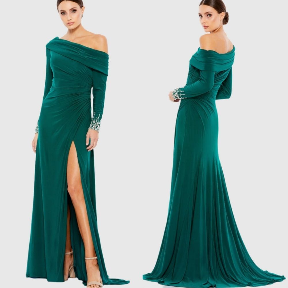 Mac Duggal Green Beaded Cuff Drop Shoulder Long Sleeve Faux Wrap Gown Plus 16